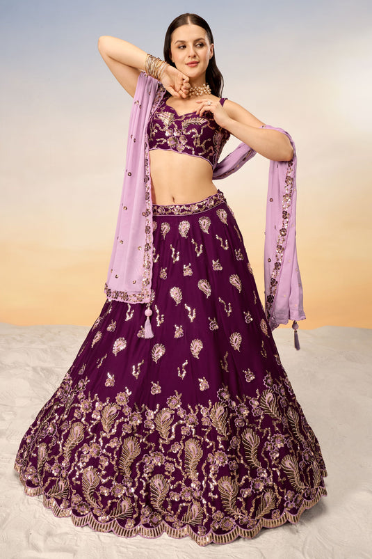 Sequins Work On Wine Georgette Lehenga With Artistic Blouse