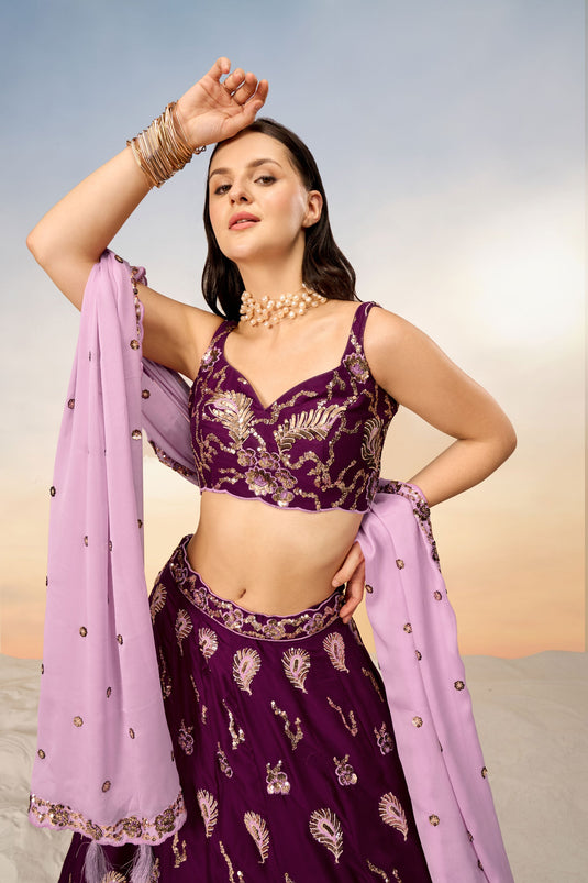 Sequins Work On Wine Georgette Lehenga With Artistic Blouse