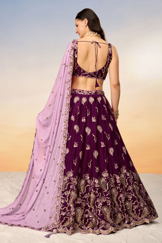 Sequins Work On Wine Georgette Lehenga With Artistic Blouse