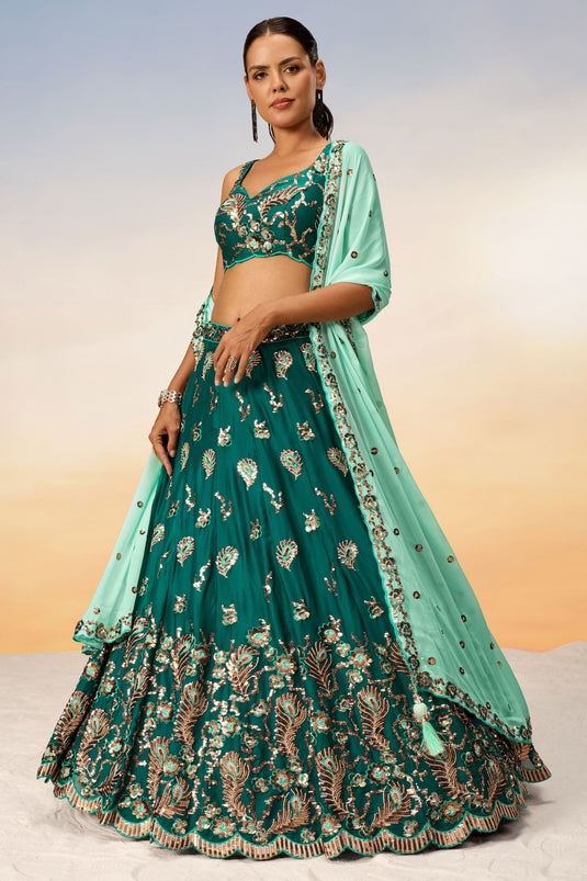 Sequins Work Georgette Green Lehenga With Mesmetic Blouse