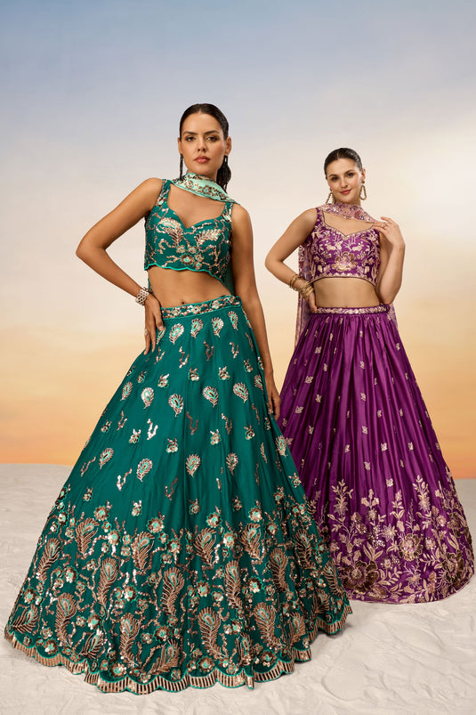 Sequins Work Georgette Green Lehenga With Mesmetic Blouse