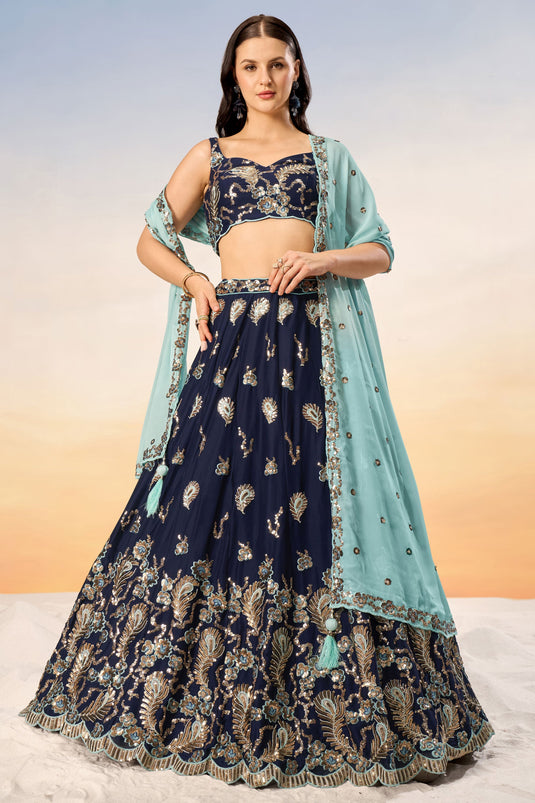 Navy Blue Sequins Work Georgette Lehenga With Riveting Blouse