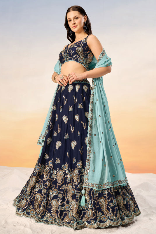 Navy Blue Sequins Work Georgette Lehenga With Riveting Blouse