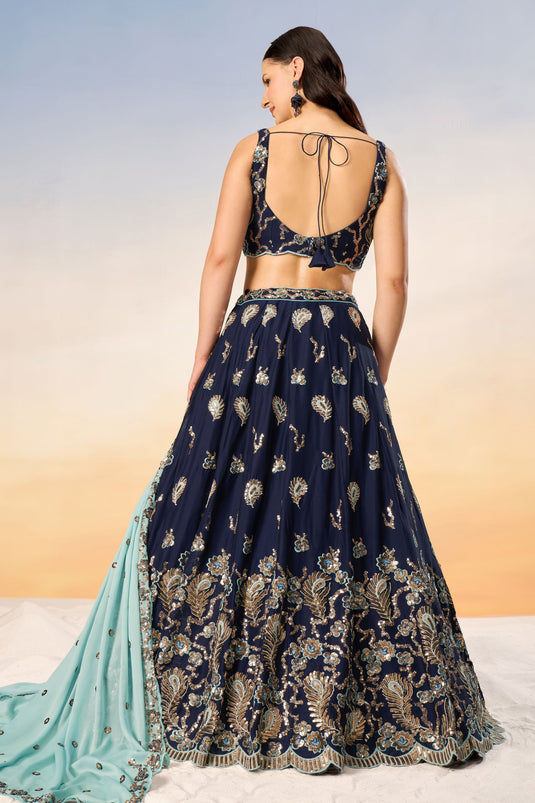 Navy Blue Sequins Work Georgette Lehenga With Riveting Blouse