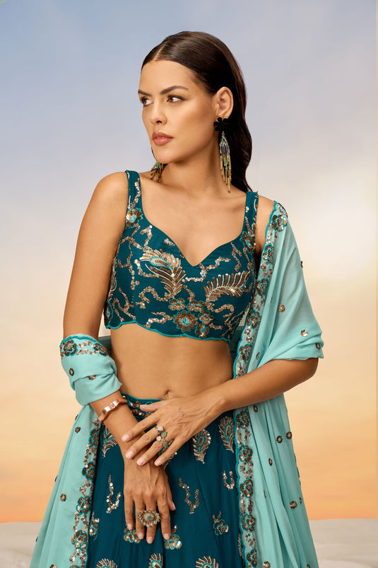 Sequins Work On Teal Georgette 3 Piece Lehenga With Beautiful Blouse