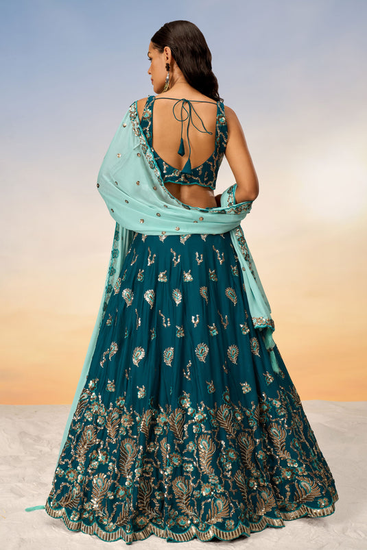 Sequins Work On Teal Georgette 3 Piece Lehenga With Beautiful Blouse