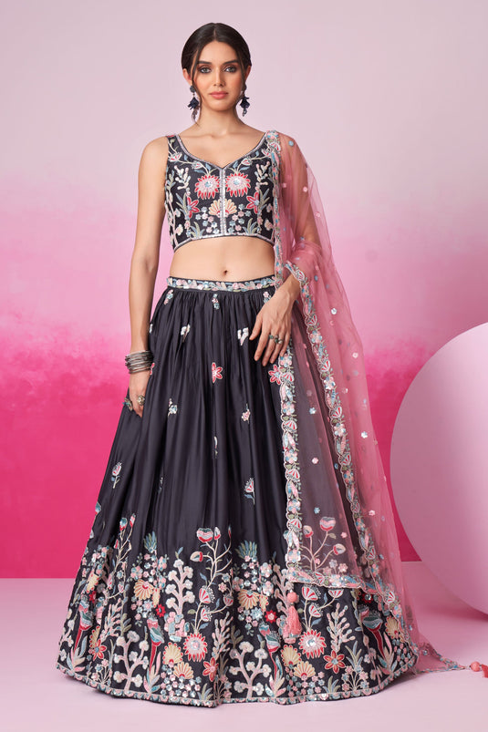 Satin Grey Sangeet Wear 3 Piece Sequins Work Lehenga With Enigmatic Blouse