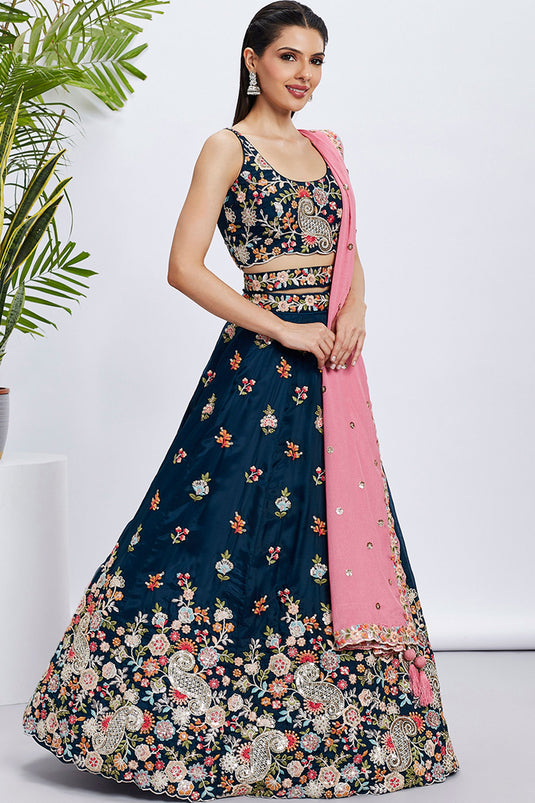Organza Fabric Navy Blue Sequins Work Designs Wedding Wear Lehenga And Enigmatic Blouse