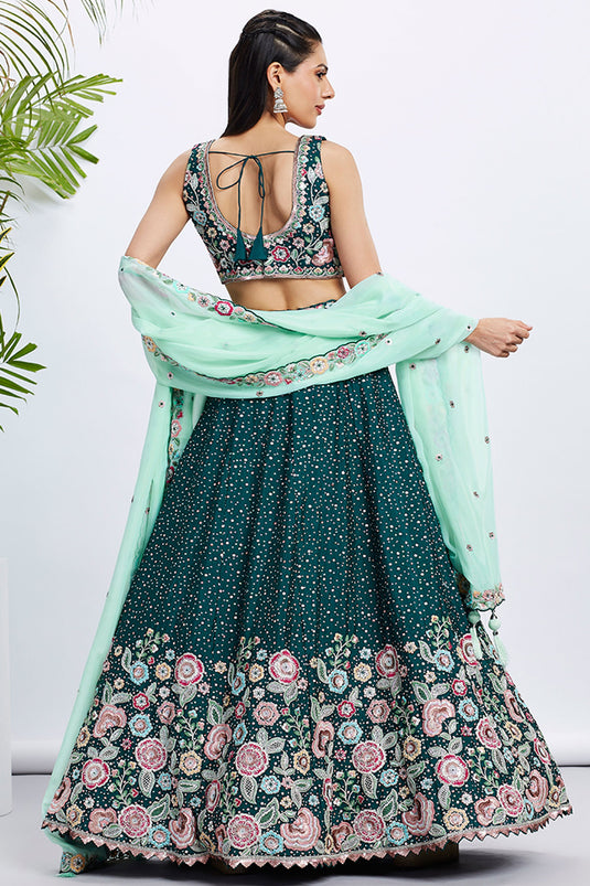 Excellent Chiffon Fabric Green Color Lehenga Choli With Sequins Work