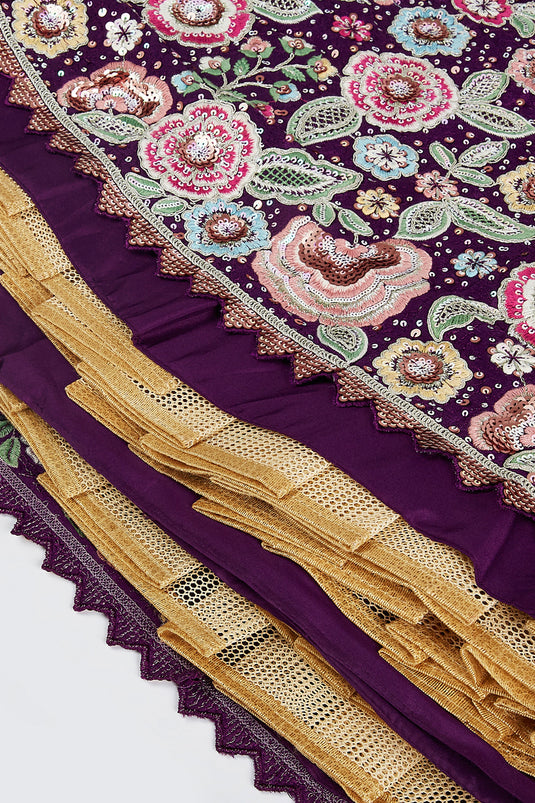 Embellished Sequins Work On Purple Color Chiffon Fabric Lehenga Choli