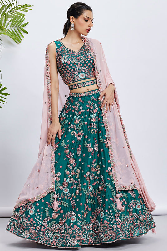 Tempting Georgette Fabric Green Color Lehenga Choli With Sequins Work