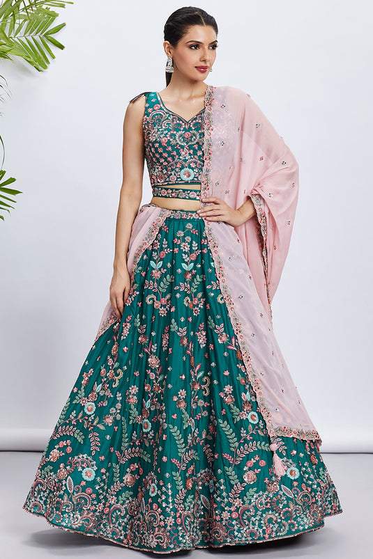 Tempting Georgette Fabric Green Color Lehenga Choli With Sequins Work