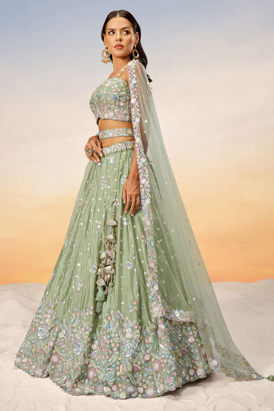 Sequins Work On Chiffon Sea Green Lehenga With Fascinating Blouse