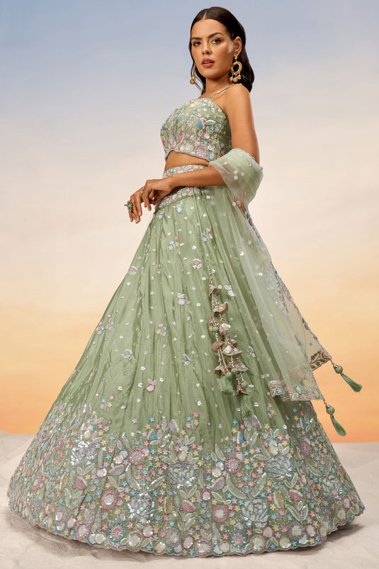 Sequins Work On Chiffon Sea Green Lehenga With Fascinating Blouse