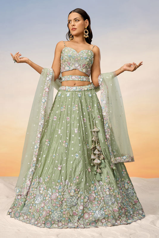 Sequins Work On Chiffon Sea Green Lehenga With Fascinating Blouse