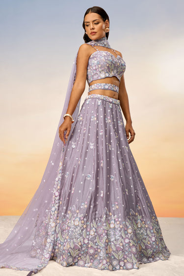 Chiffon Lavender Sequins Work 3 Piece Lehenga With Enthralling Blouse