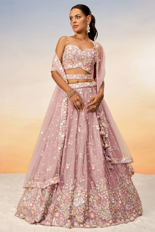 Sequins Work Pink Designer Lehengas In Chiffon Fabric With Beautiful Blouse