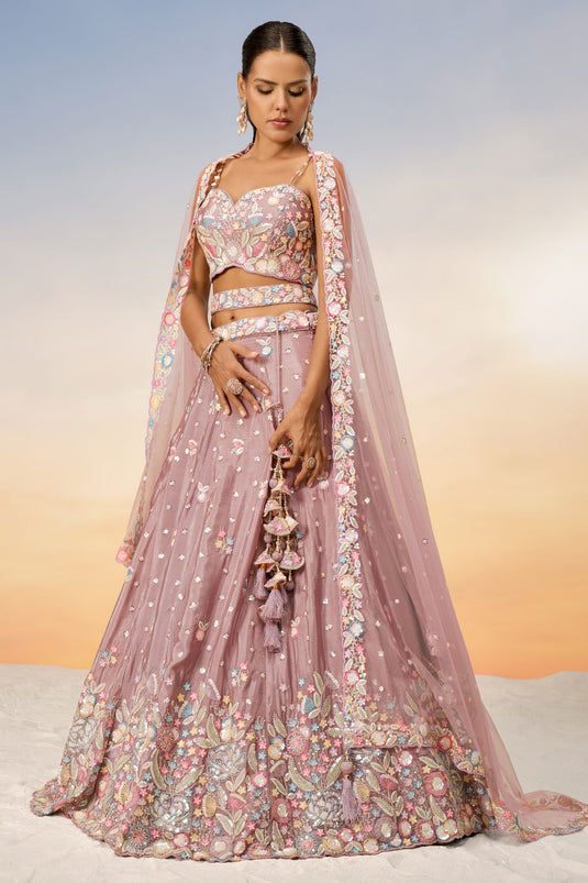 Sequins Work Pink Designer Lehengas In Chiffon Fabric With Beautiful Blouse