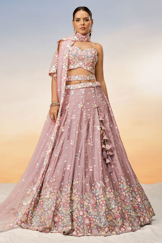 Sequins Work Pink Designer Lehengas In Chiffon Fabric With Beautiful Blouse