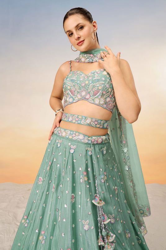 Sea Green Chiffon Sangeet Wear Lehenga With Sequins Work And Alluring Blouse