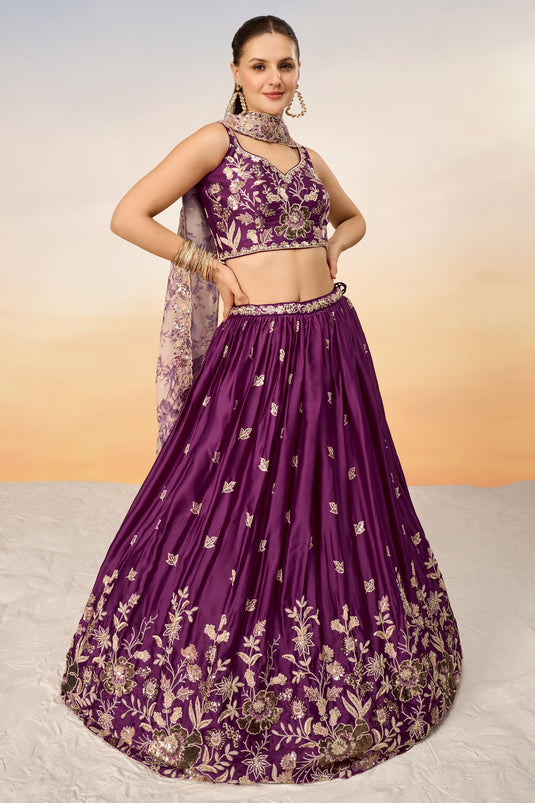 Purple Chiffon Function Wear Lehenga With Sequins Work And Enchanting Blouse