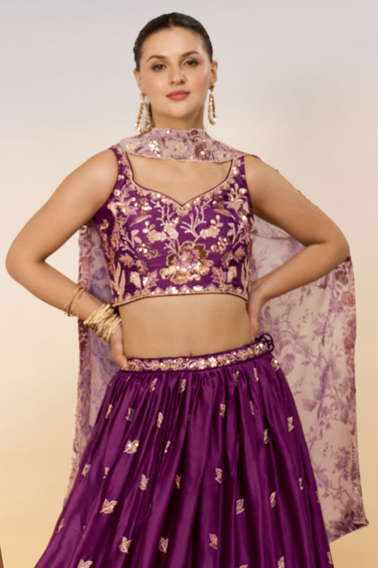 Purple Chiffon Function Wear Lehenga With Sequins Work And Enchanting Blouse