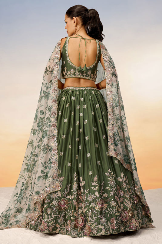 Chiffon Fabric Occasion Wear Sequins Work Lehenga In Green With Blouse