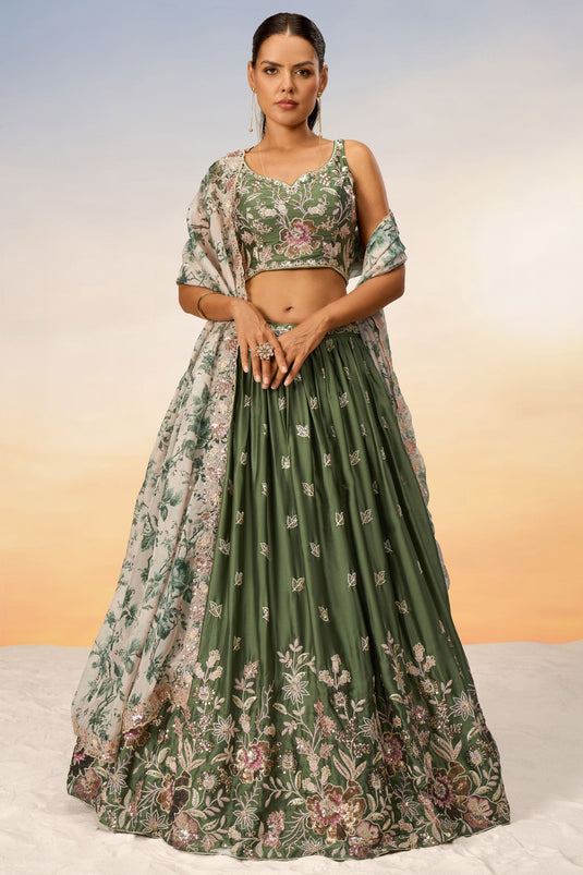 Chiffon Fabric Occasion Wear Sequins Work Lehenga In Green With Blouse