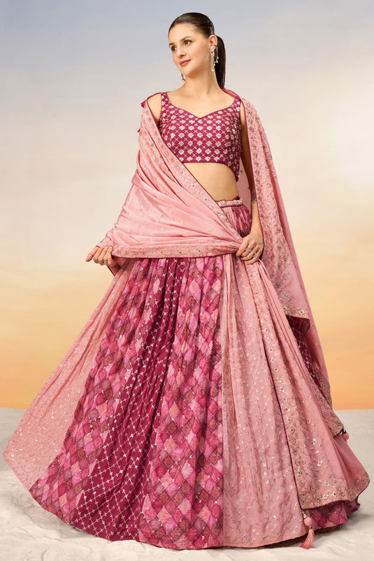 Chiffon Sangeet Wear Lehenga Choli In Pink With Sequins Work