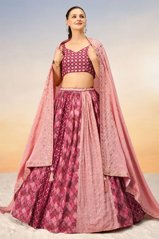 Chiffon Sangeet Wear Lehenga Choli In Pink With Sequins Work