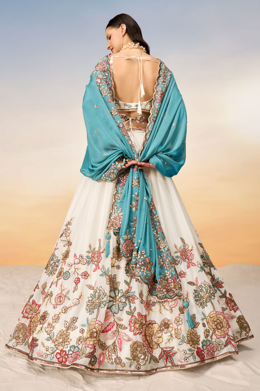 Sequins Work Cream Color Wedding Wear Fancy Lehenga Choli In Georgette Fabric