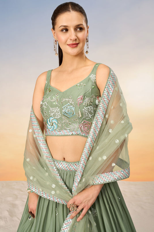 Sea Green Georgette Occasion Wear Lehenga Choli With Sequins Work