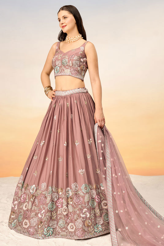 Sequins Work Pink Georgette Festive Wear Lehenga With Ambroidery