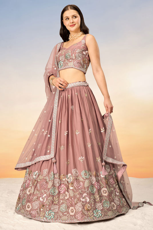 Sequins Work Pink Georgette Festive Wear Lehenga With Ambroidery