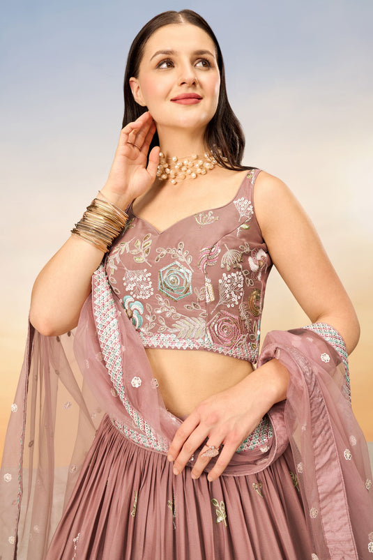 Sequins Work Pink Georgette Festive Wear Lehenga With Ambroidery