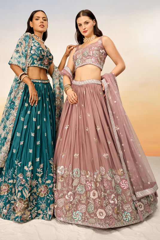 Sequins Work Pink Georgette Festive Wear Lehenga With Ambroidery