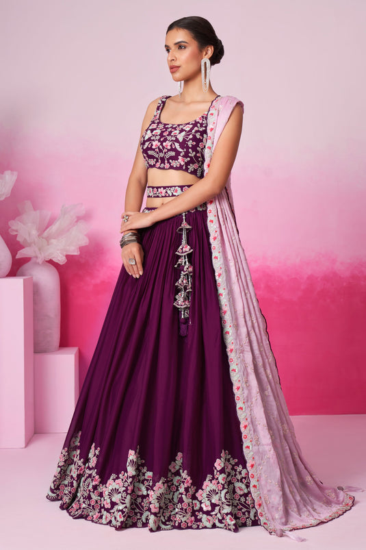 Excellent Georgette Fabric Burgundy Color Wedding Wear Lehenga Choli With Sequins Work