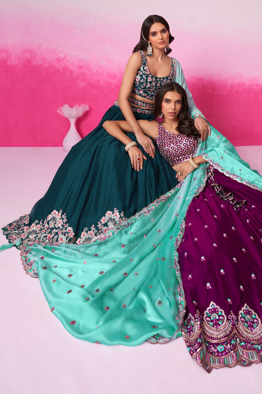 Glamorous Teal Color Georgette Fabric Sequins Work Wedding Wear Lehenga Choli