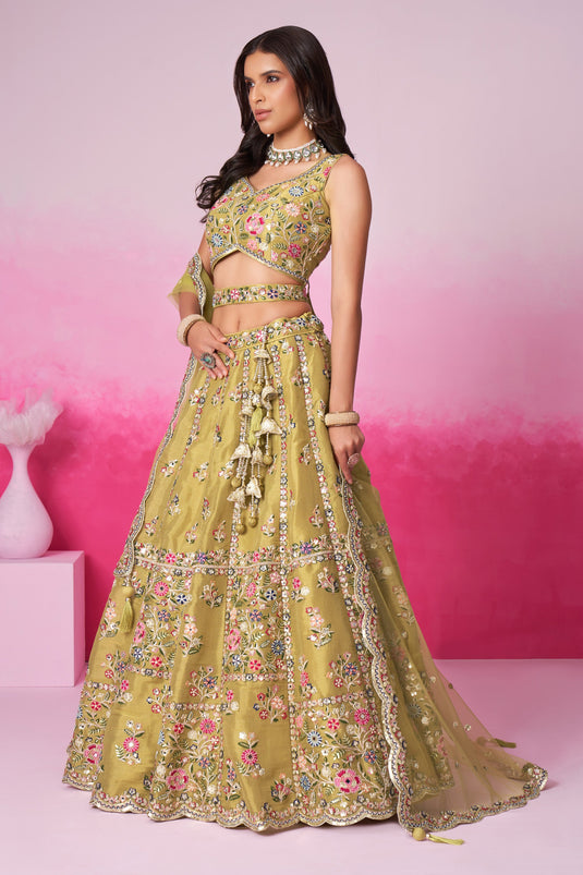 Sequins Work Mustard Net Fabric Sangeet Wear Lehenga Choli