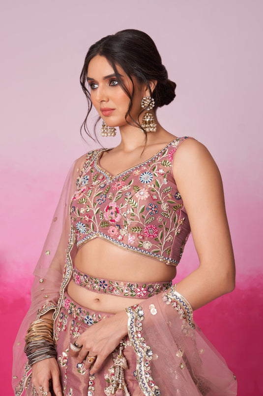 Net Fabric Pink Designer 3 Piece Lehenga Choli With Sequins Work Designs