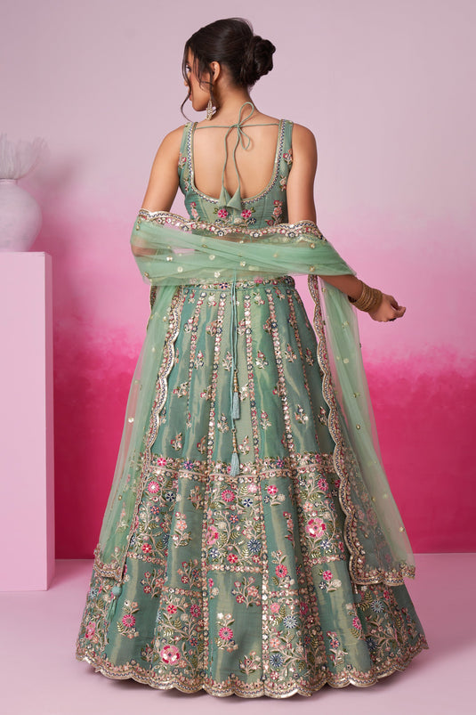 Sea Green Sequins Work Net Fabric Reception Wear Lehenga With Enchanting Blouse