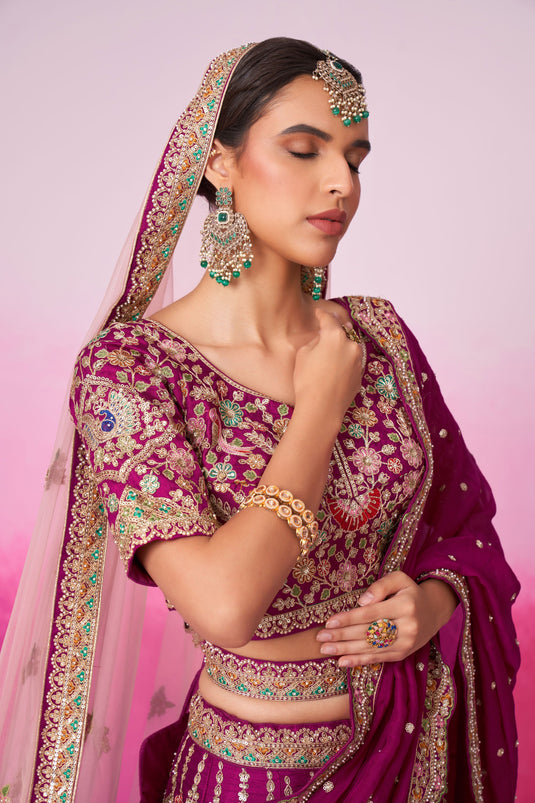 Silk Fabric Wedding Wear 3 Piece Lehenga Choli In Burgundy Color With Sequins Work