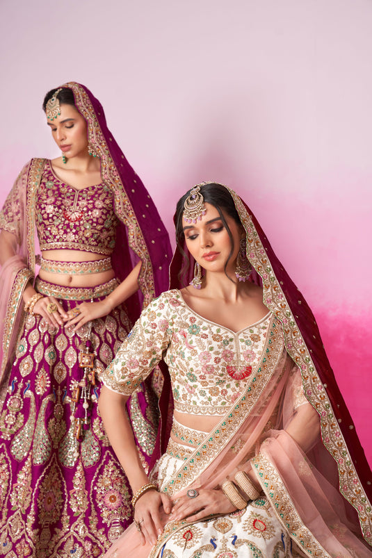 Cream Color Silk Fabric Bridal Lehenga Choli With Sequins Work