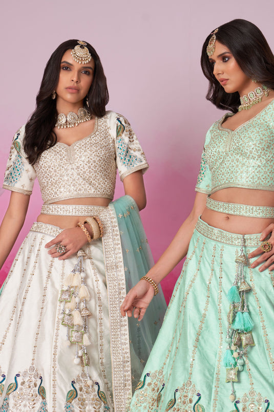 Sequins Work Bridal Lehenga In Cream Color Silk Fabric With Blouse