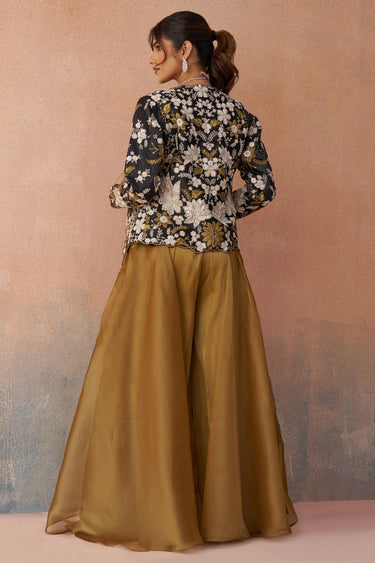 Premium Brown Tissue Embroidered Indo Western Crop Top Palazzo Set With Designer Jacket