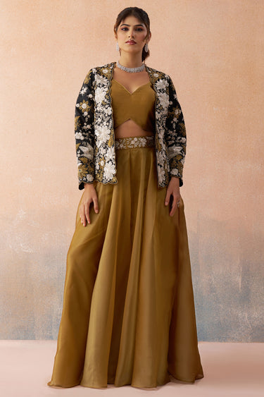 Premium Brown Tissue Embroidered Indo Western Crop Top Palazzo Set With Designer Jacket
