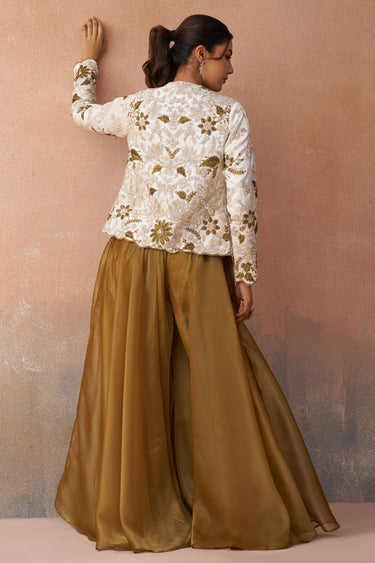 Elegant Brown Tissue Readymade Indo Western Crop Top With Jacket And Palazzo Set