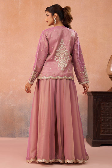 Trendy Pink Tissue Indo Western Crop Top Palazzo Set With Embroidery And Jacket