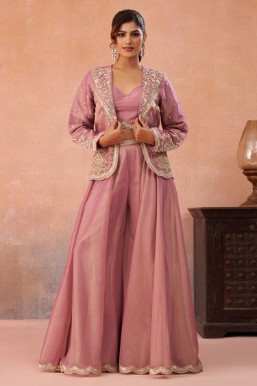 Trendy Pink Tissue Indo Western Crop Top Palazzo Set With Embroidery And Jacket