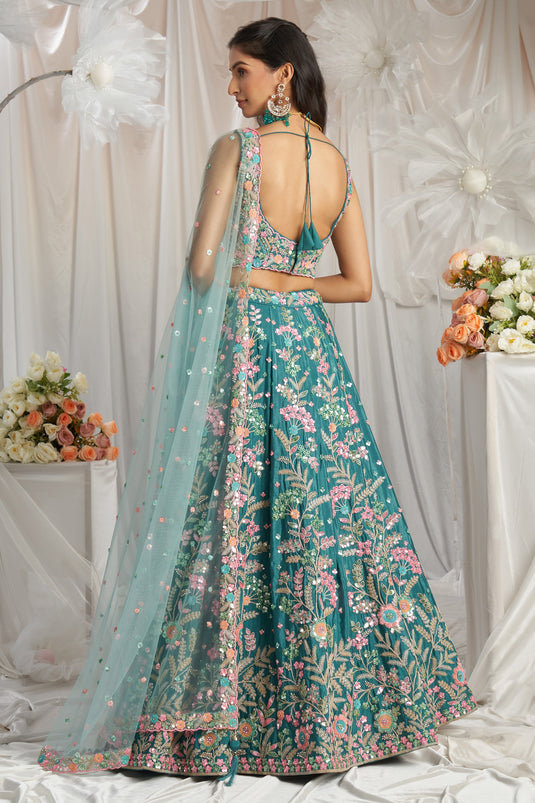 Teal Wedding Wear Poly Georgette Lehenga Choli